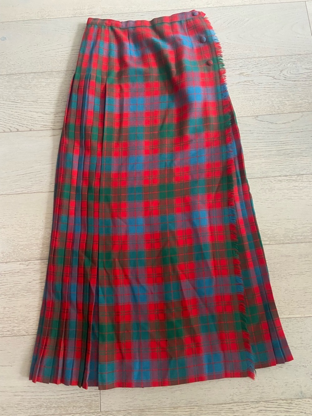 Vintage Wool Tartan Kilt Skirt Maxi Red Green Plaid High Waist 26” Dark Academia - Picture 3 of 9